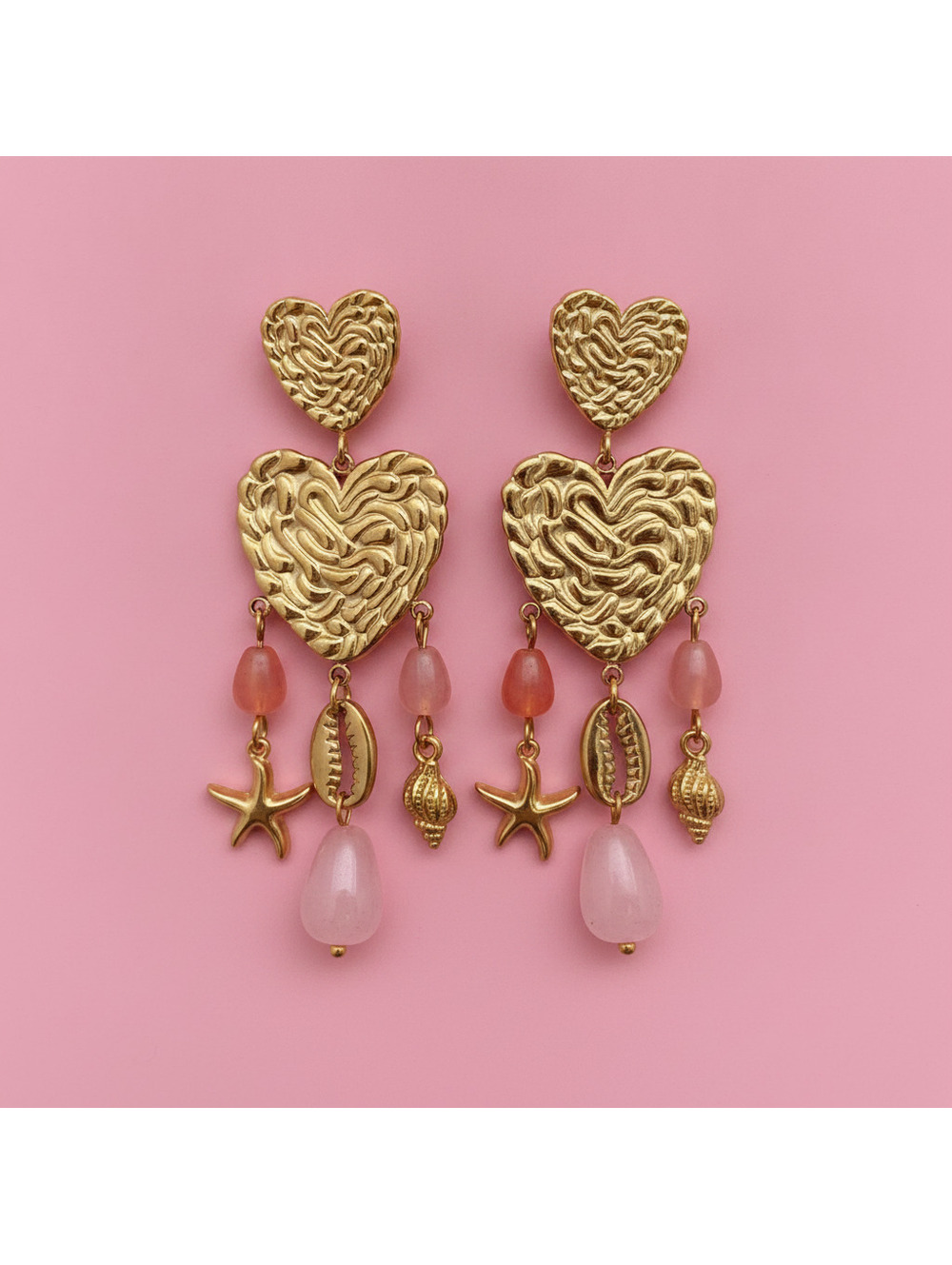 Stone Fringe Heart 18K Gold Plated Stainless Steel Earrings
